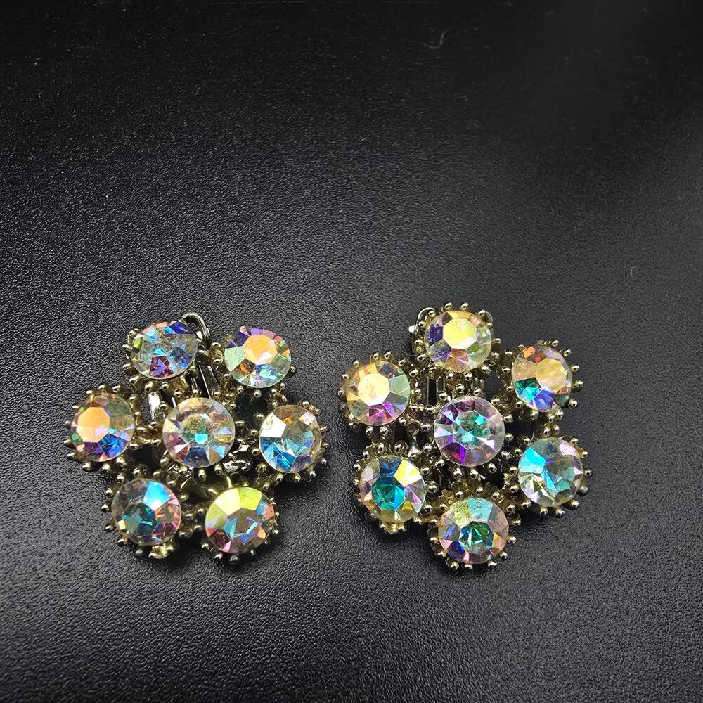 Pakula Aurora Borealis Rhinestone Clip On Earrings Flower Shape Vintage Jewelry
